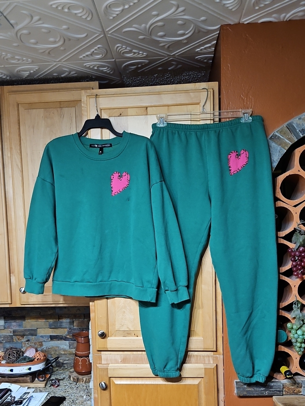 Aqua X Kerri Rosenthal Green Pink Heart Sweatshirt And Sweatpants Joggers Set
